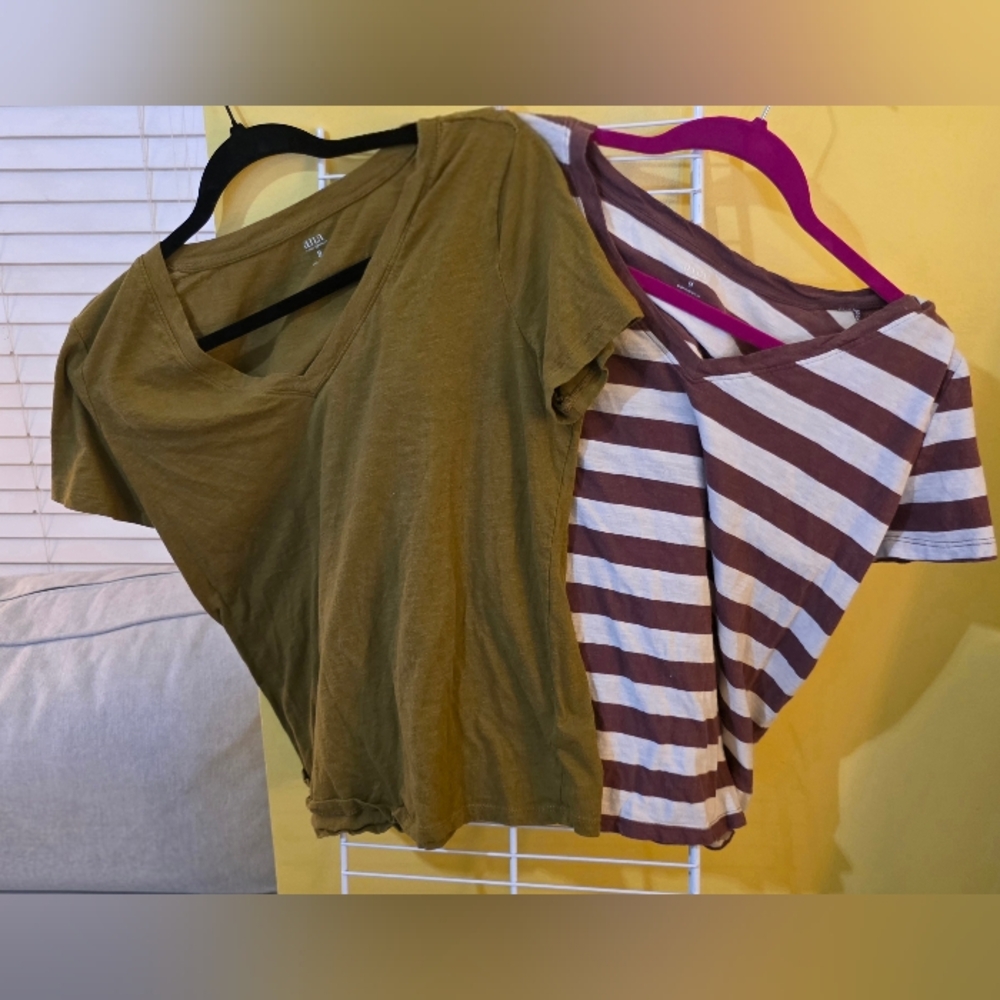 a.n.a Olive and Brown Striped Short Sleeve Tees